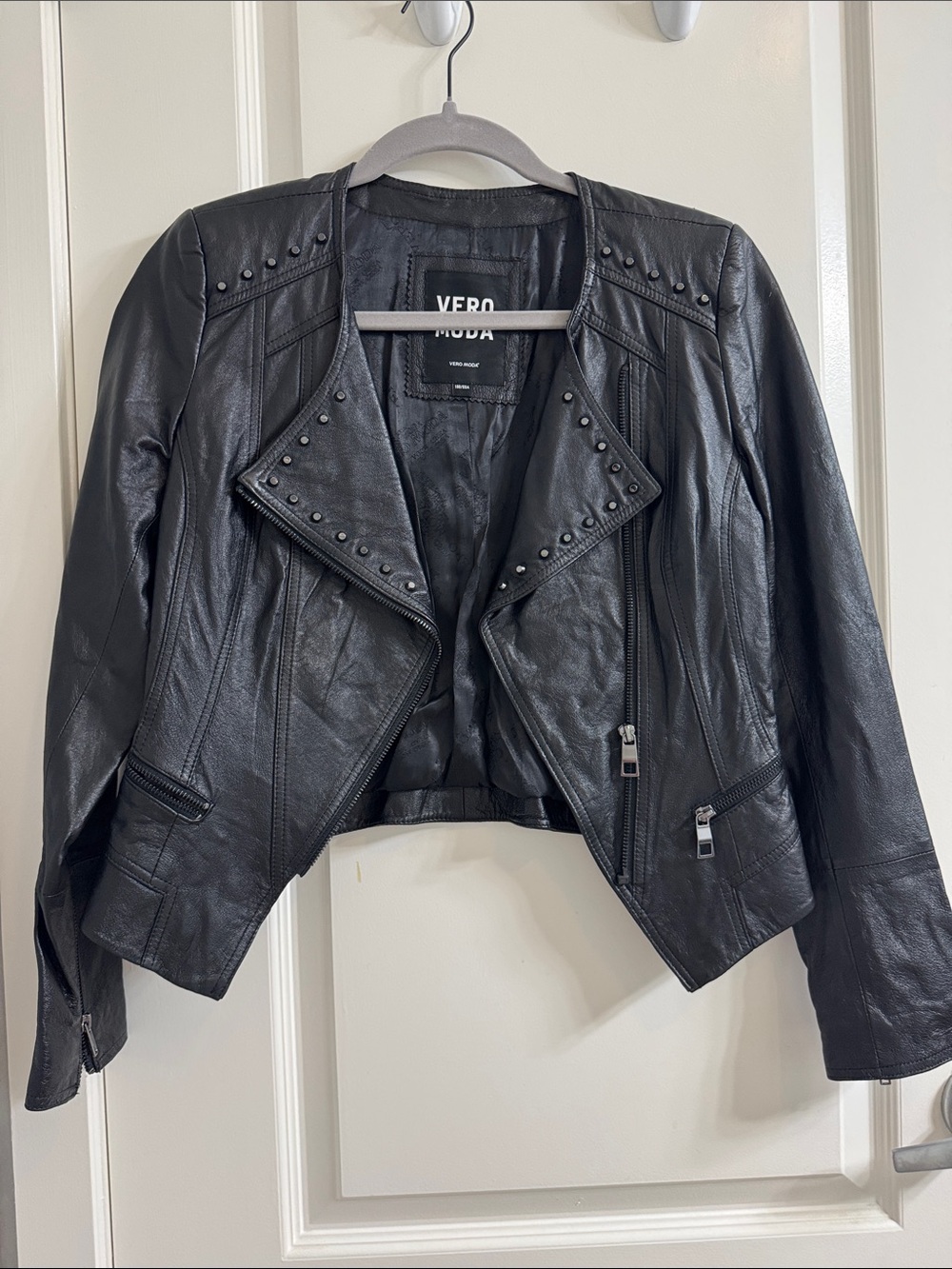 Vero Moda Black Studded Faux Leather Moto Blazer